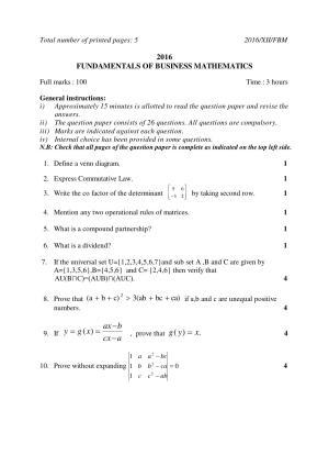 Nagaland Board Class 12 FUNDAMENTALS OF BUSINESS MATHEMATICS 2016 Question Papers