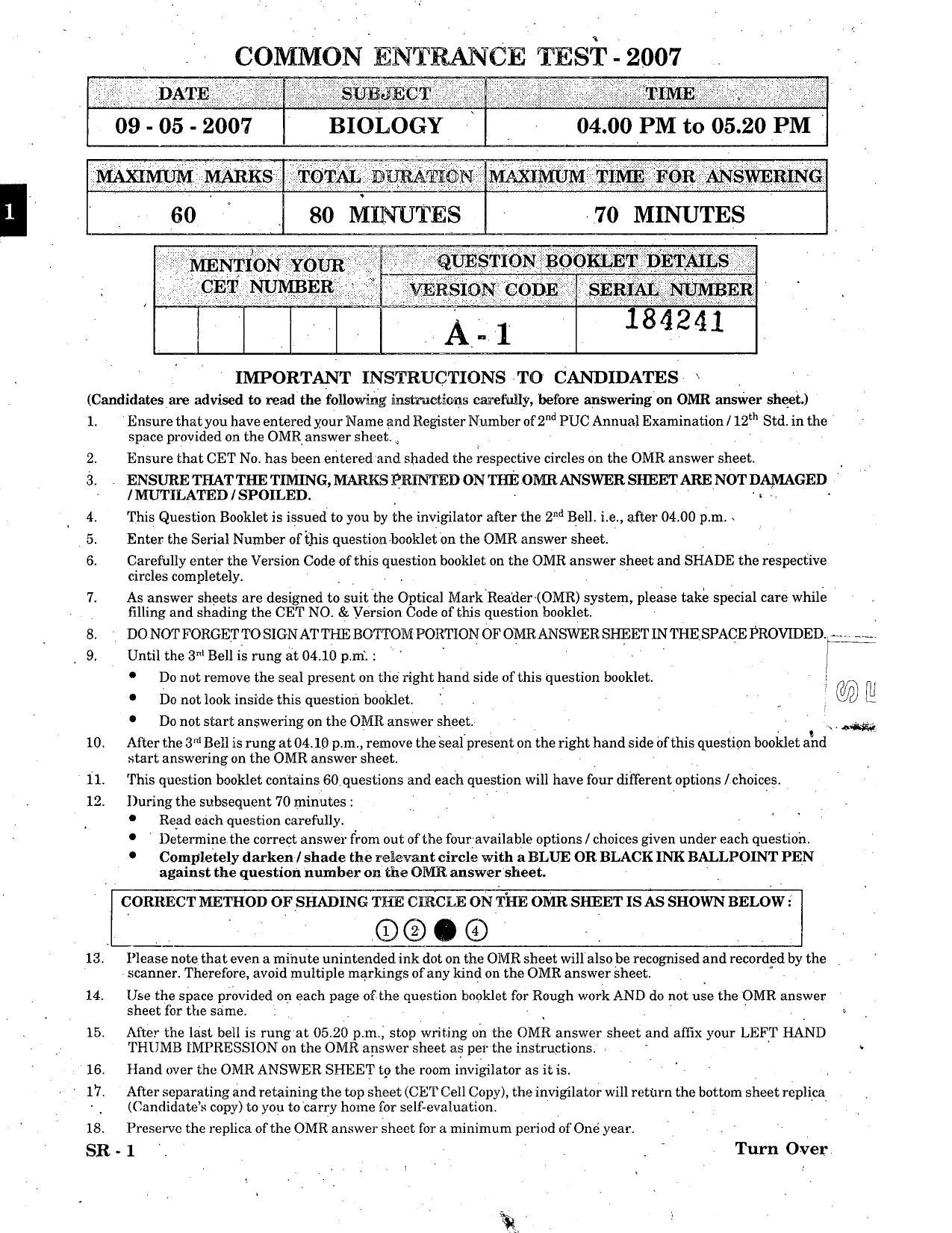KCET Biology 2007 Question Papers - Page 1