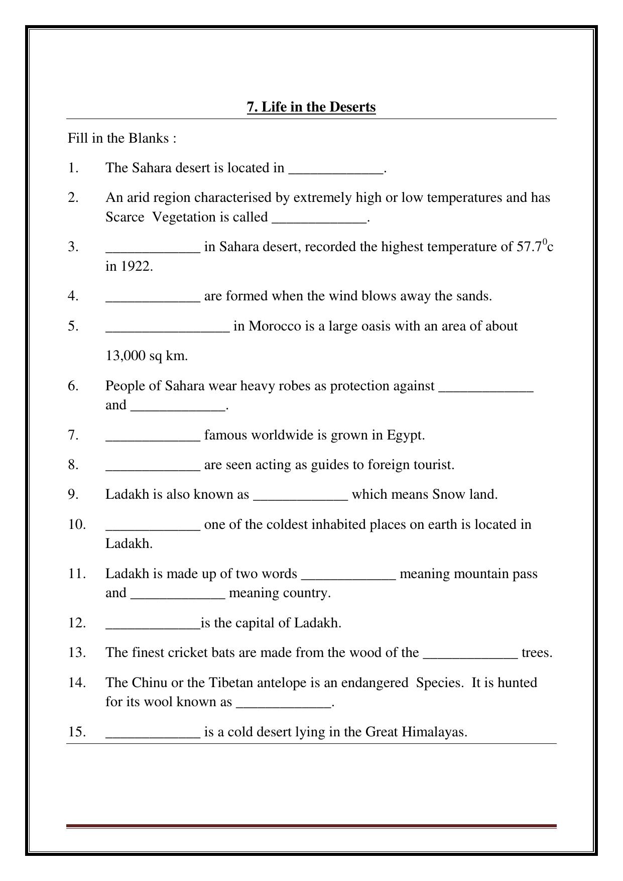 CBSE Worksheets for Class 7 Social Science Life in the Deserts Assignment - Page 1