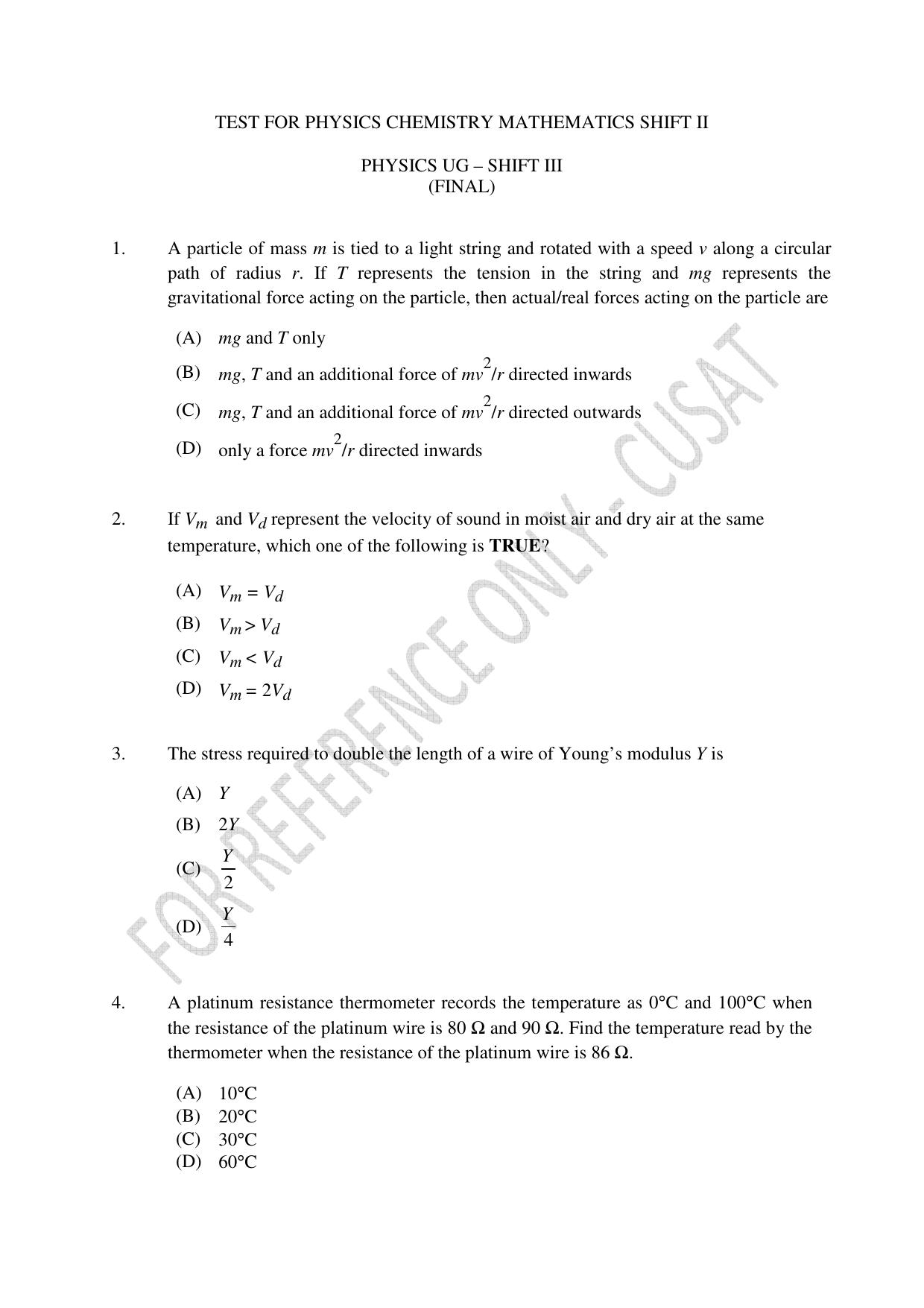 CUSAT CAT 2023 Test For Physics Chemistry Mathematics Shift III Question Paper - Page 1