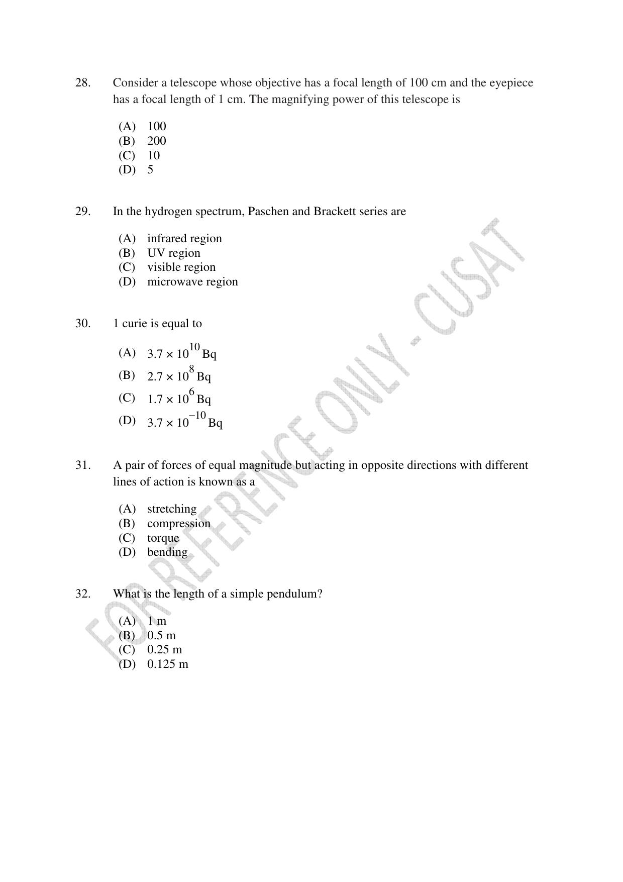 CUSAT CAT 2023 Test For Physics Chemistry Mathematics Shift III Question Paper - Page 7