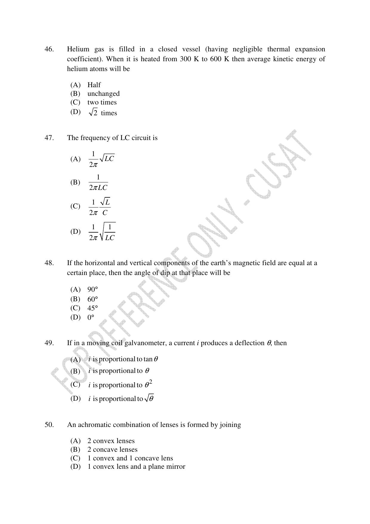 CUSAT CAT 2023 Test For Physics Chemistry Mathematics Shift III Question Paper - Page 11