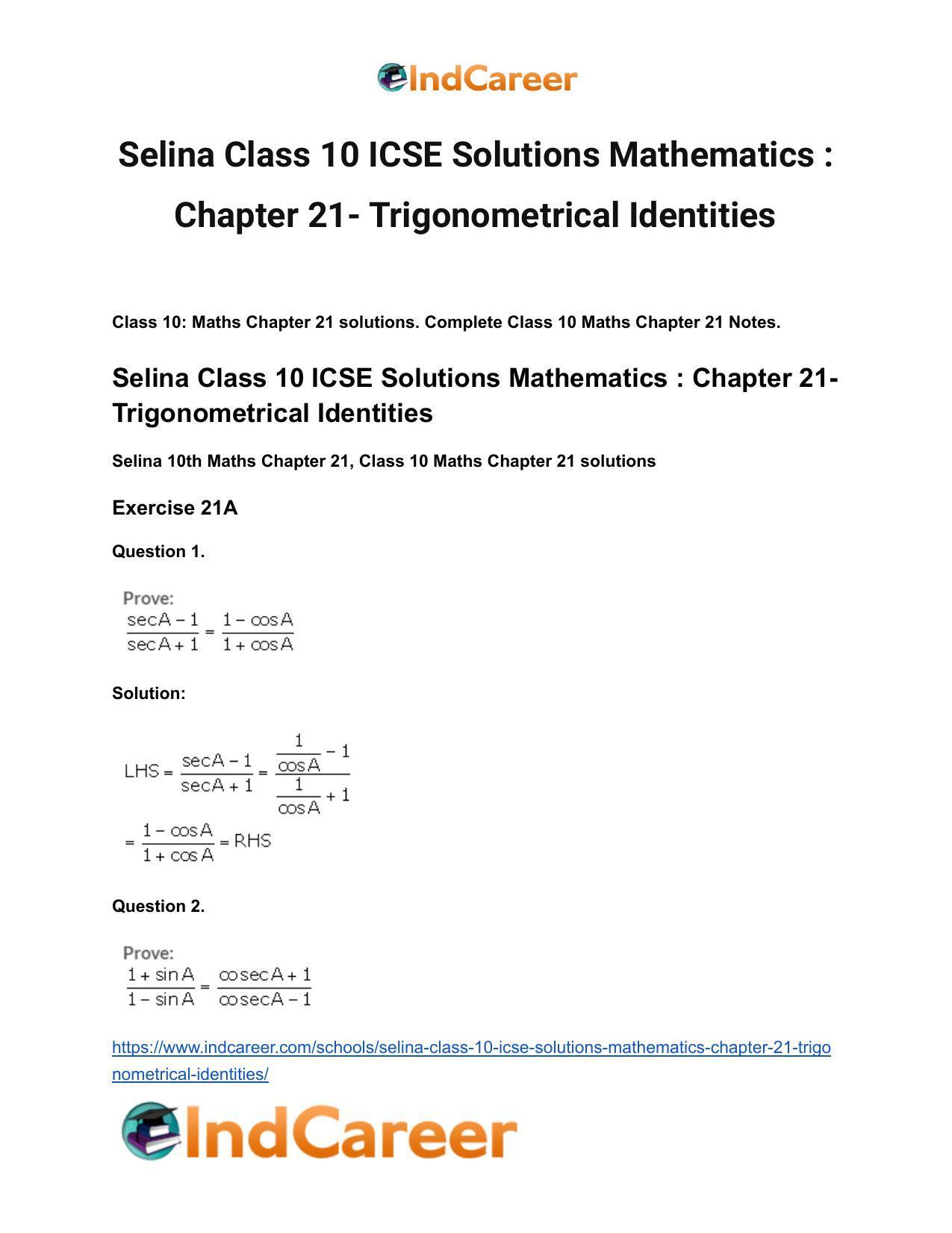 Selina Class 10 ICSE Solutions Mathematics : Chapter 21- Trigonometrical Identities - Page 2