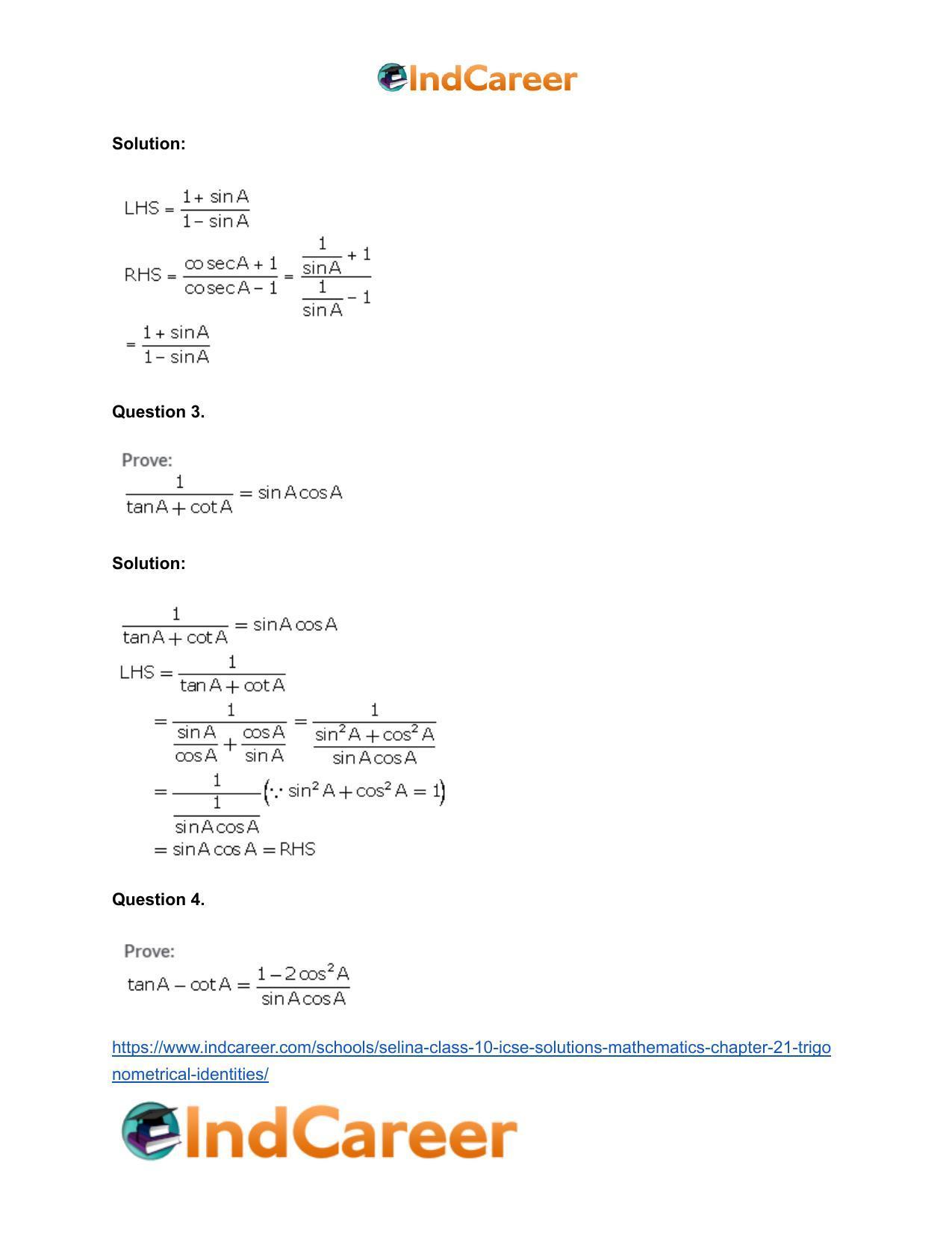 Selina Class 10 ICSE Solutions Mathematics : Chapter 21- Trigonometrical Identities - Page 3