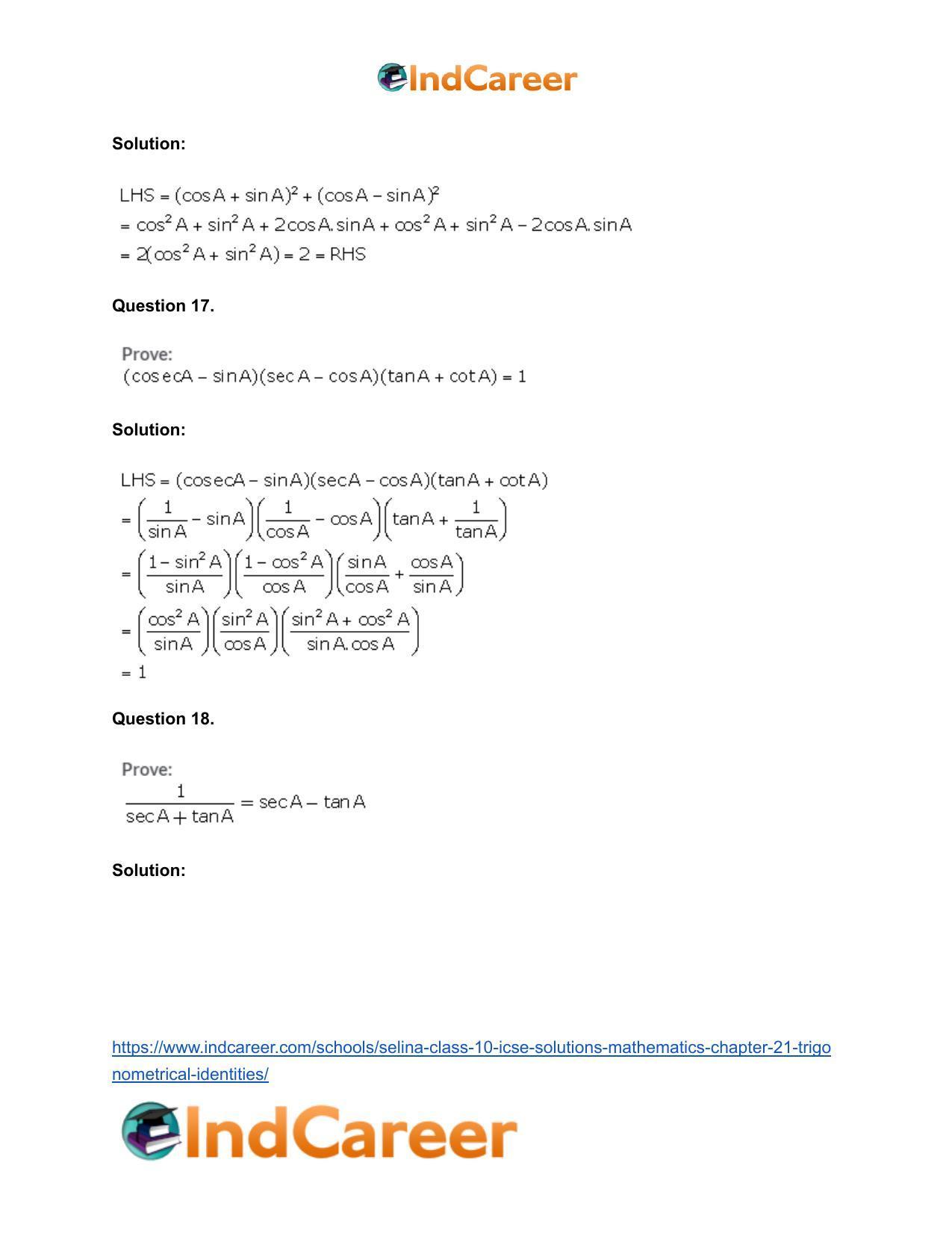 Selina Class 10 ICSE Solutions Mathematics : Chapter 21- Trigonometrical Identities - Page 9