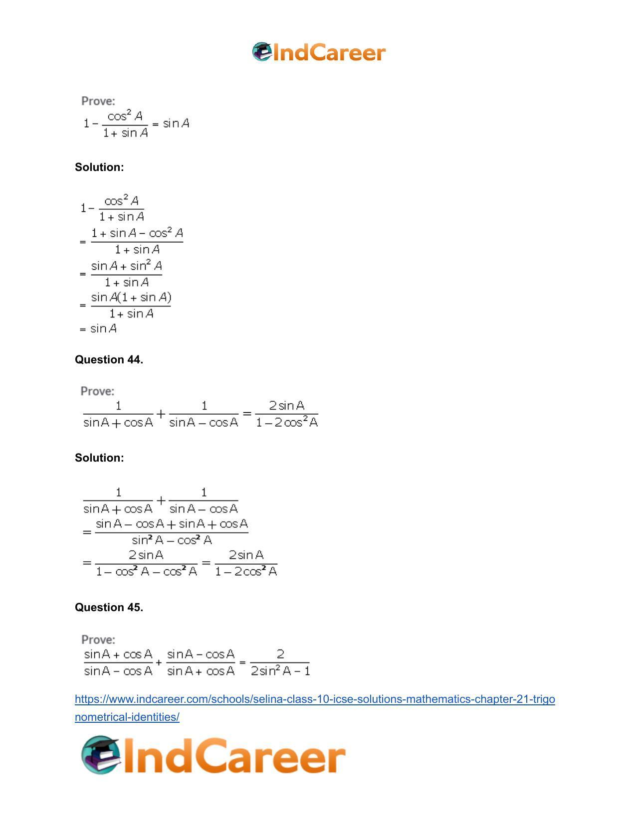 Selina Class 10 ICSE Solutions Mathematics : Chapter 21- Trigonometrical Identities - Page 25