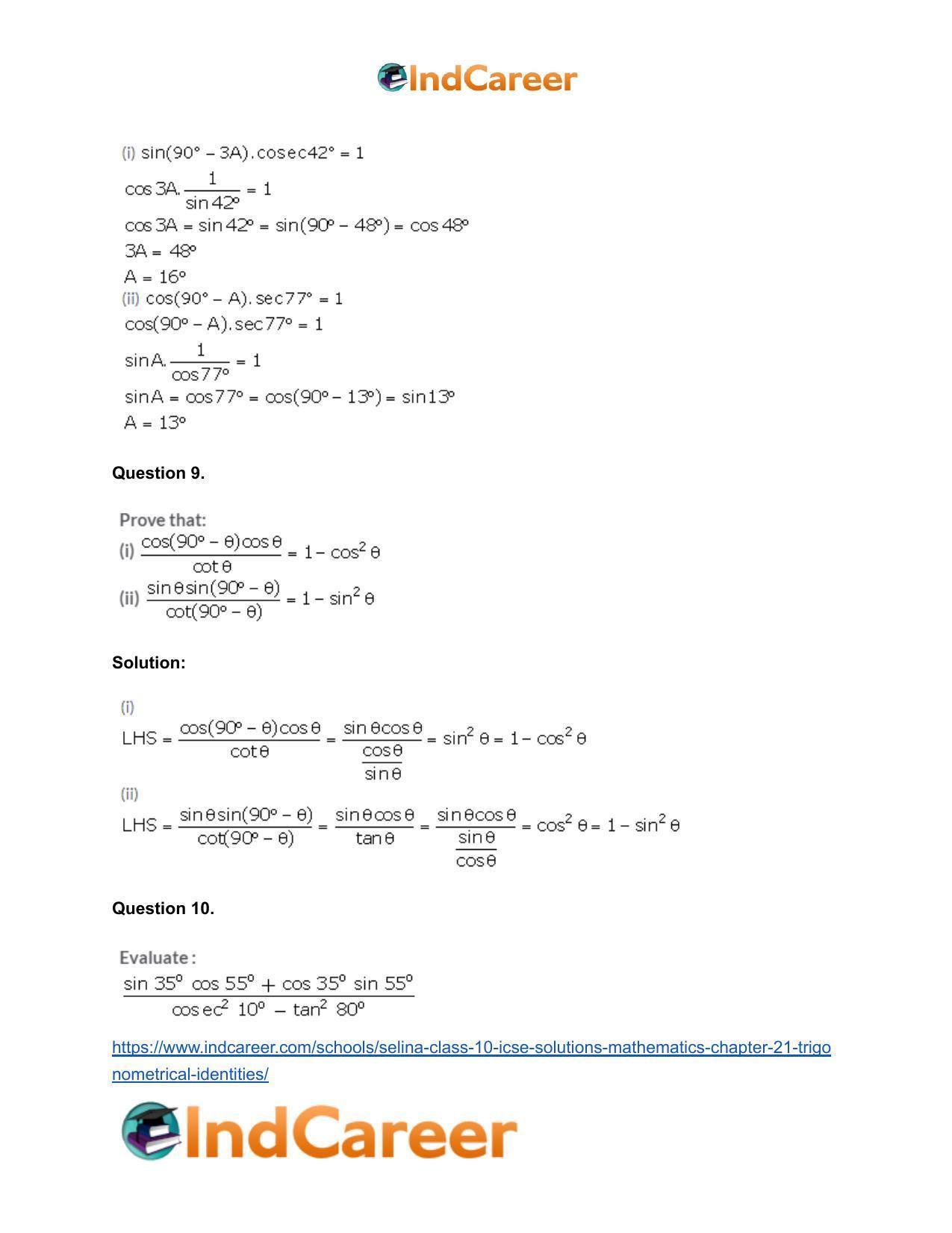 Selina Class 10 ICSE Solutions Mathematics : Chapter 21- Trigonometrical Identities - Page 47