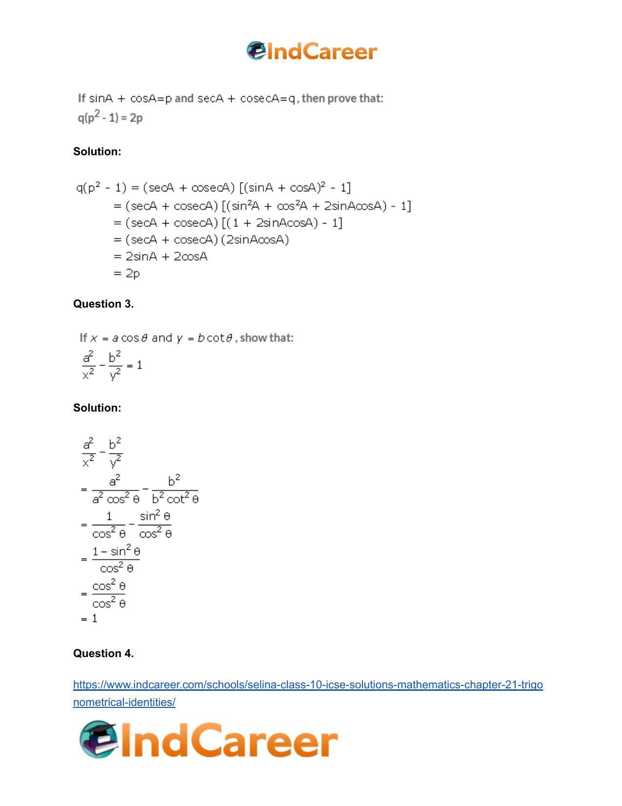 Selina Class 10 ICSE Solutions Mathematics : Chapter 21- Trigonometrical Identities - Page 62