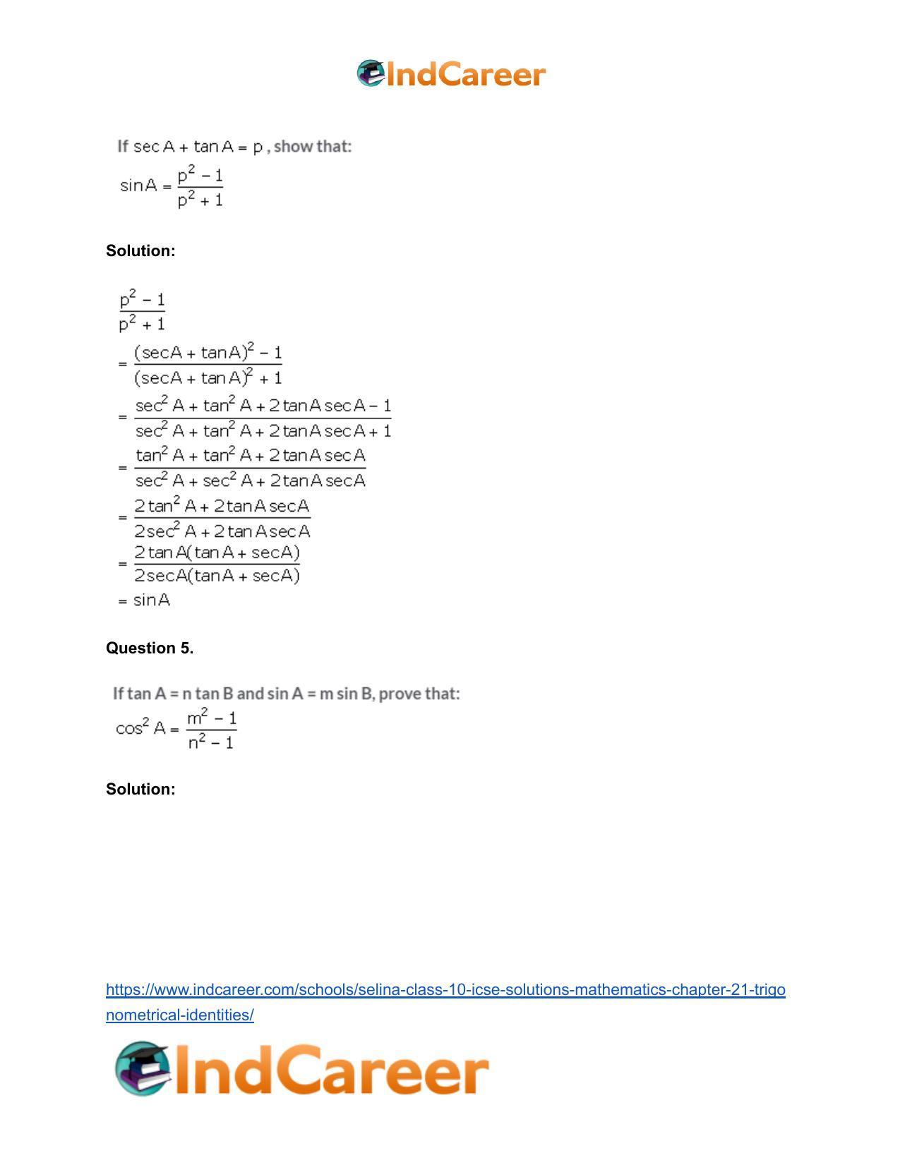 Selina Class 10 ICSE Solutions Mathematics : Chapter 21- Trigonometrical Identities - Page 63