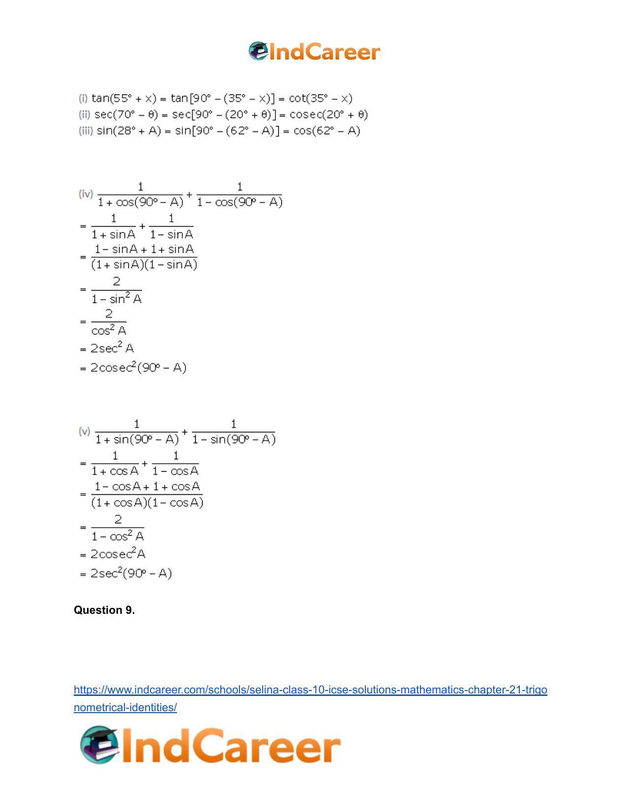 Selina Class 10 ICSE Solutions Mathematics : Chapter 21- Trigonometrical Identities - Page 70