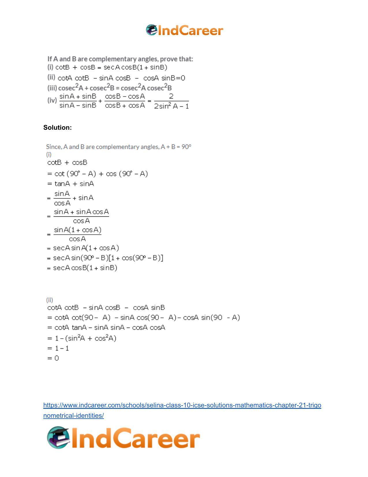 Selina Class 10 ICSE Solutions Mathematics : Chapter 21- Trigonometrical Identities - Page 71