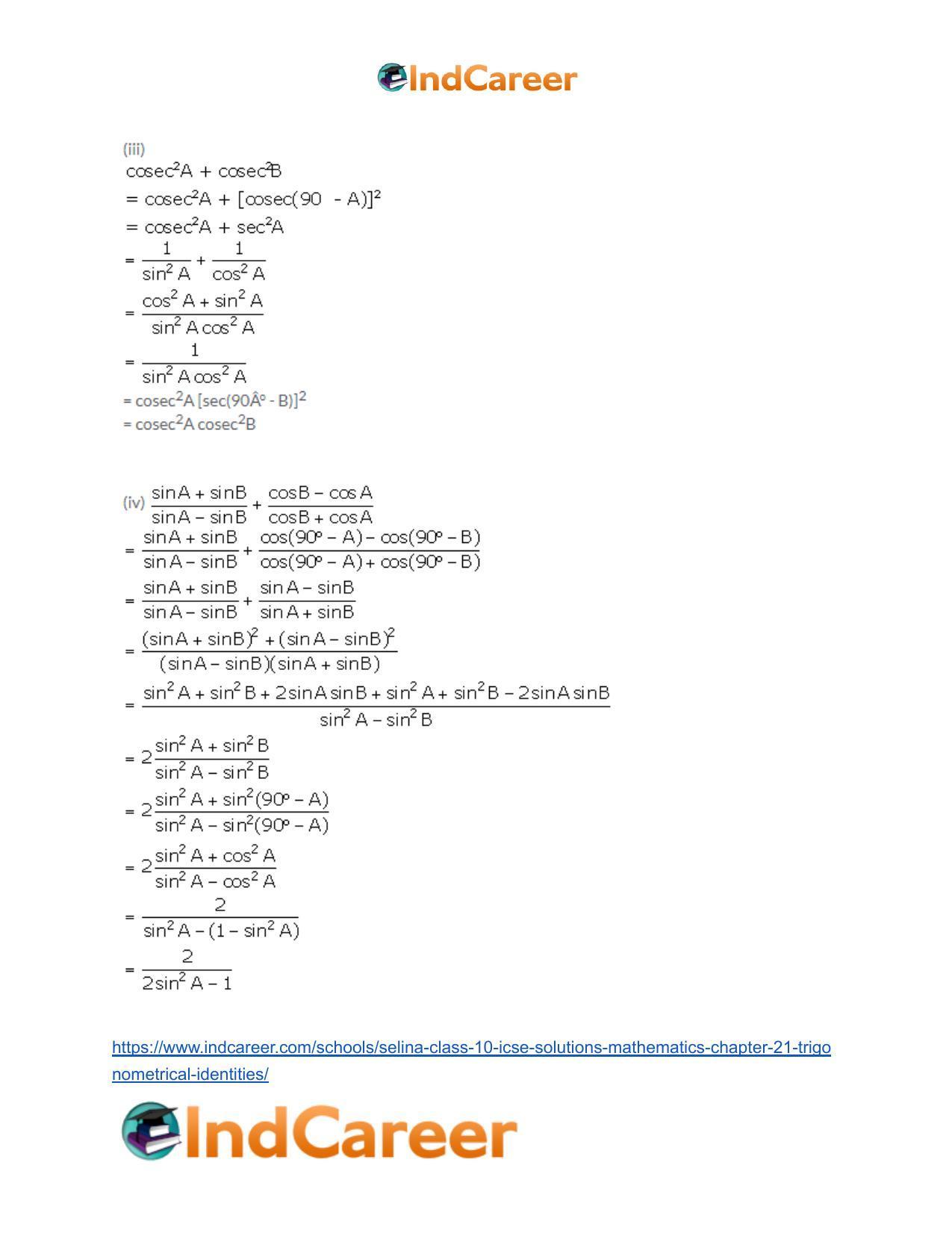 Selina Class 10 ICSE Solutions Mathematics : Chapter 21- Trigonometrical Identities - Page 72