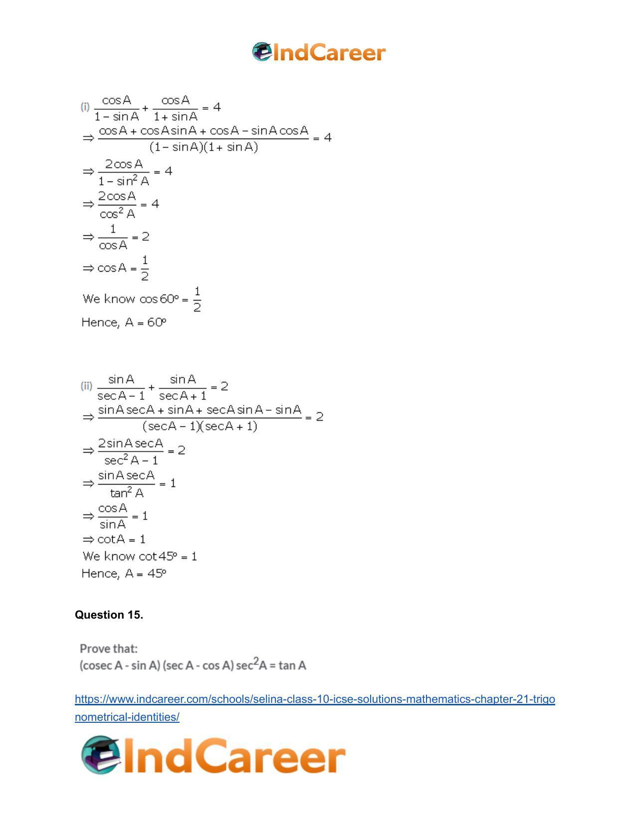 Selina Class 10 ICSE Solutions Mathematics : Chapter 21- Trigonometrical Identities - Page 85