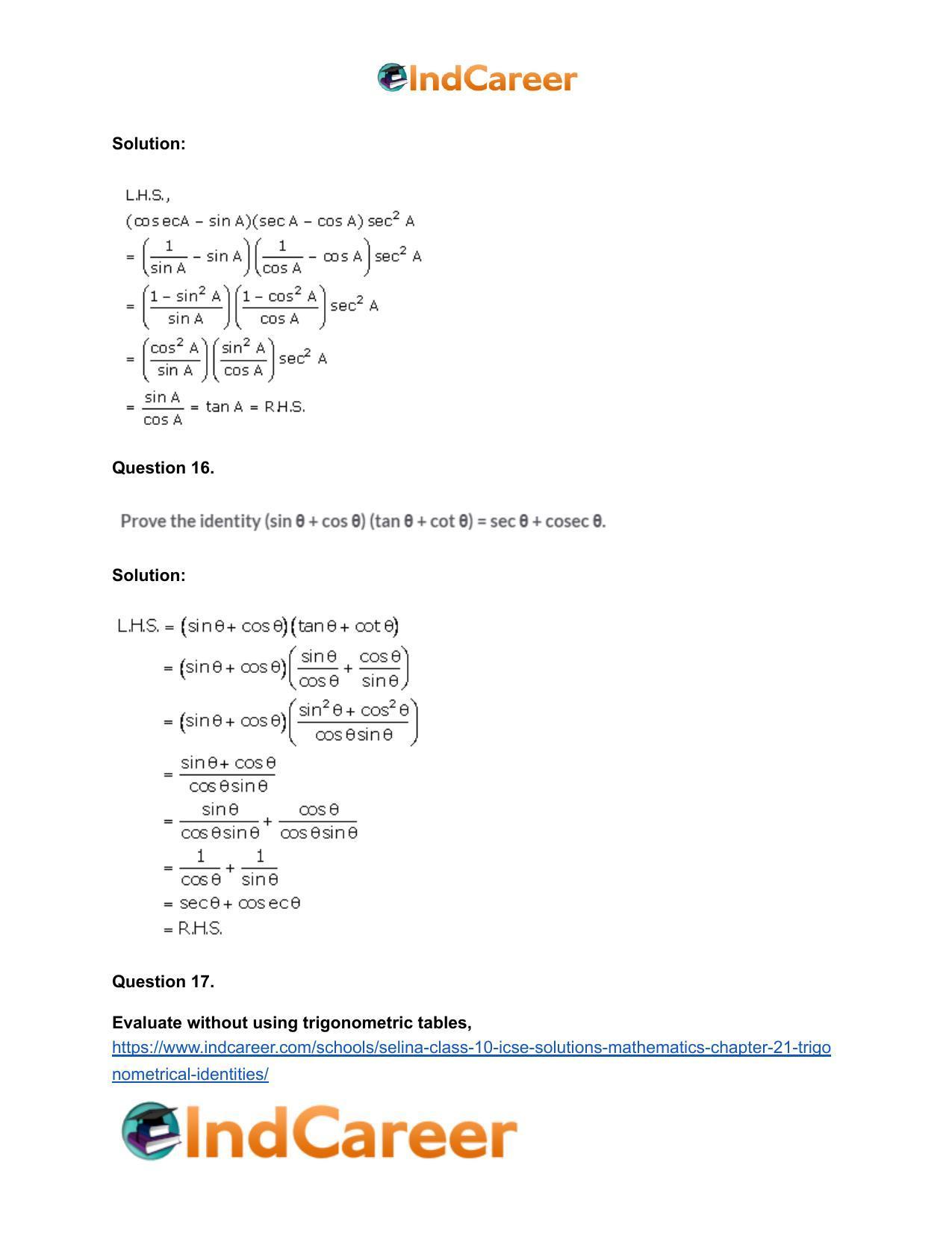 Selina Class 10 ICSE Solutions Mathematics : Chapter 21- Trigonometrical Identities - Page 86
