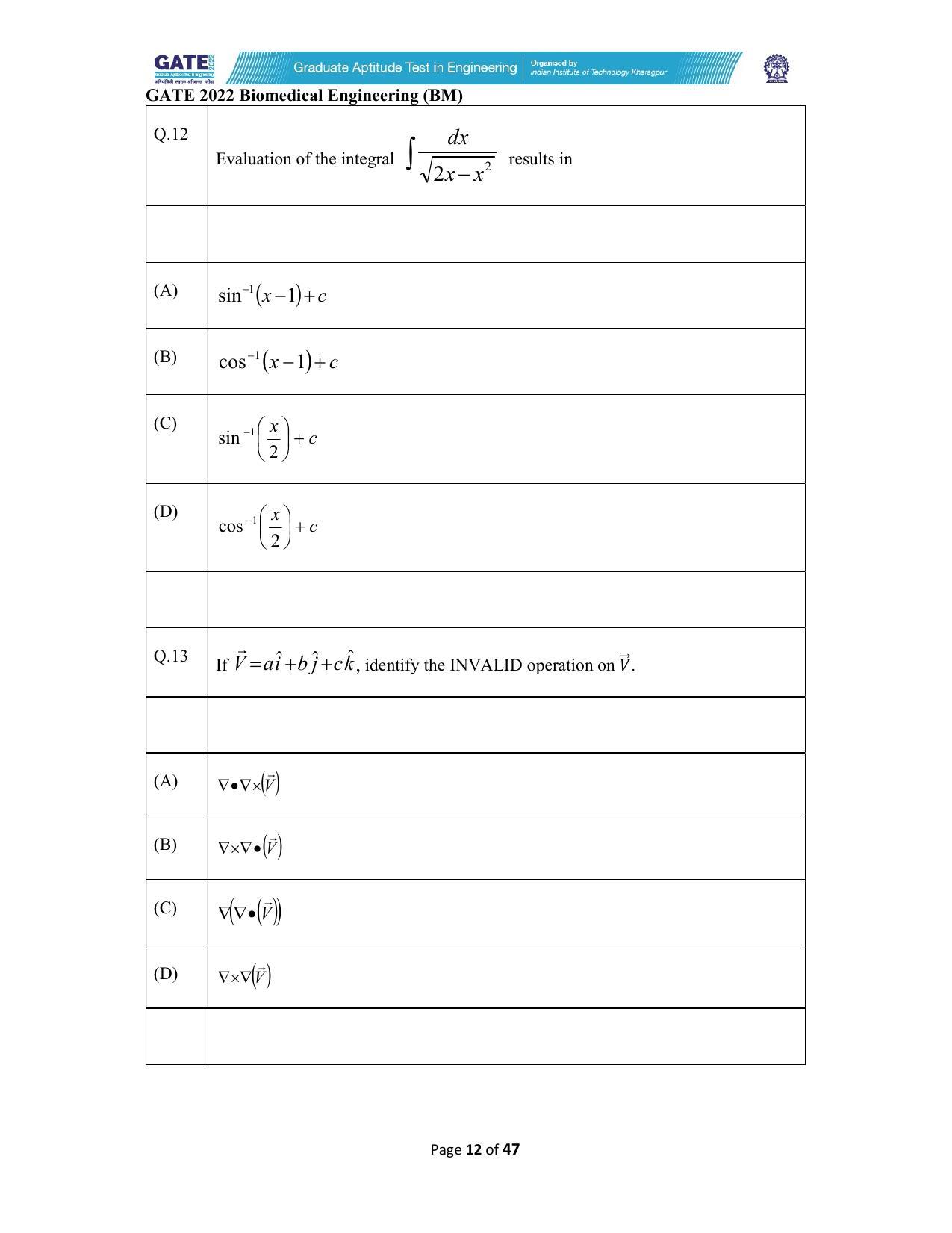 GATE 2022 Biomedical Engineering (BM) Answer Key - Page 12