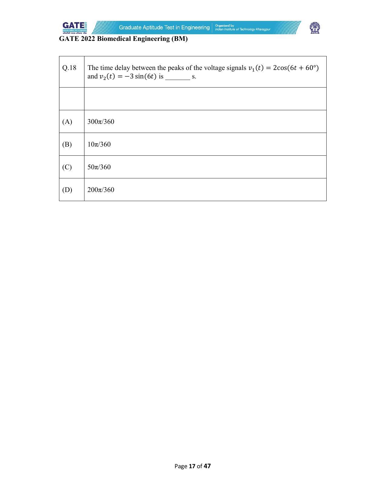 GATE 2022 Biomedical Engineering (BM) Answer Key - Page 17