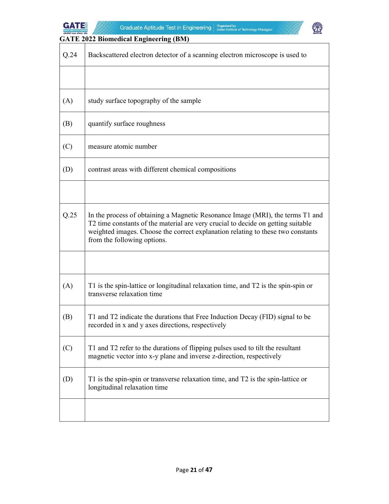 GATE 2022 Biomedical Engineering (BM) Answer Key - Page 21