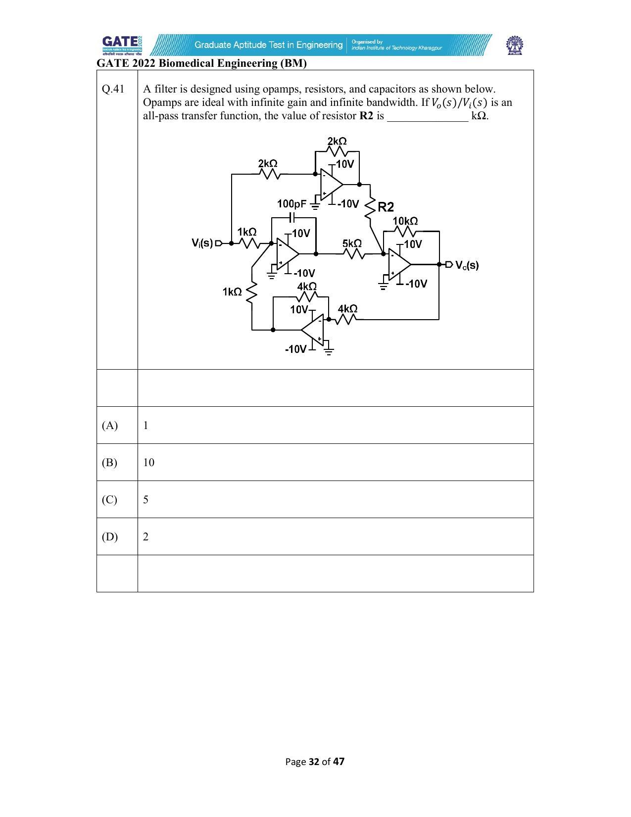 GATE 2022 Biomedical Engineering (BM) Answer Key - Page 32