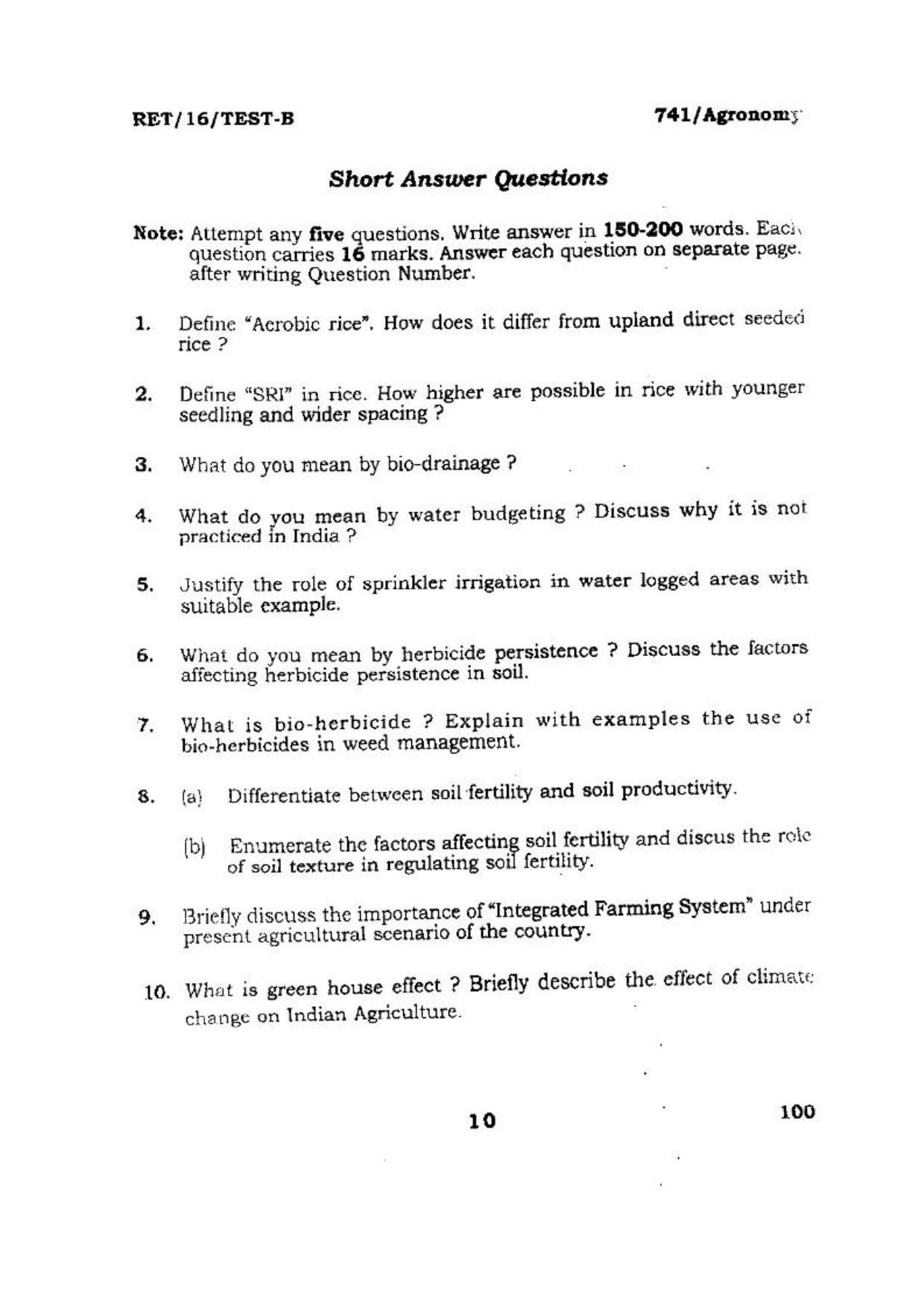 BHU RET (Agriculture) Agronomy 2016 Question Paper - Page 10