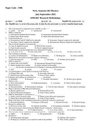 Hemchand North Gujarat University Sample Paper July-Sept 2021:   M.Sc. Semester-III EPH-603 Research Methodology Paper Code – 5306