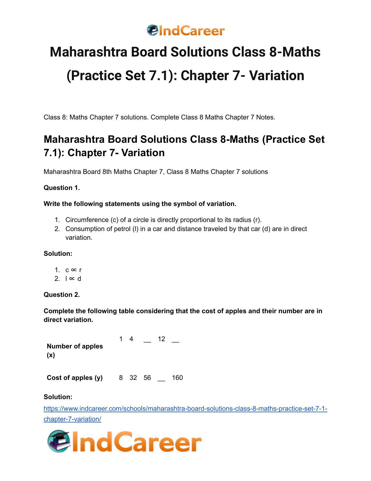 Maharashtra Board Solutions Class 8-Maths (Practice Set 7.1): Chapter 7- Variation - Page 2