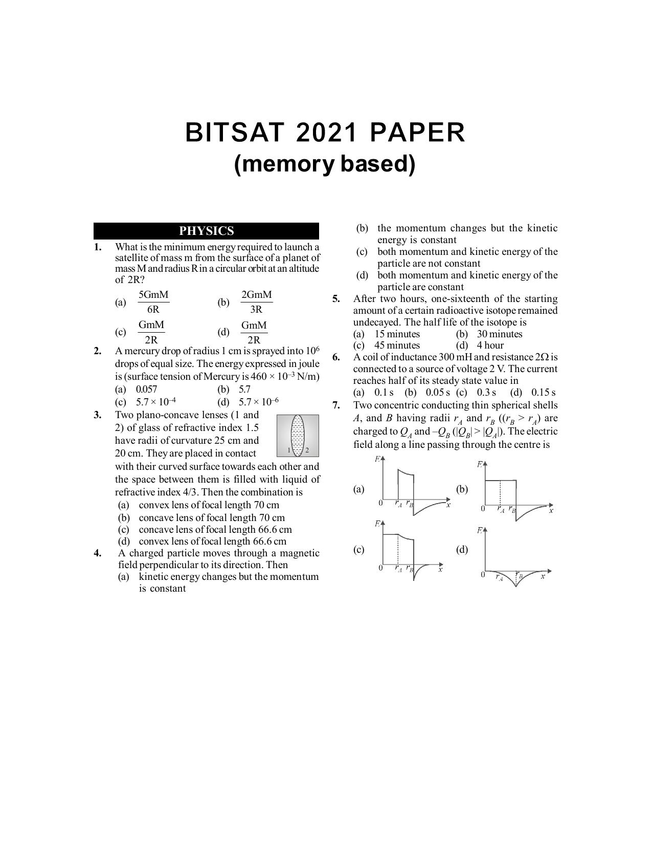 BITSAT 2021 Question Paper - Page 1