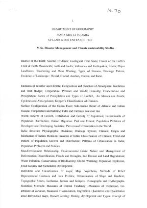JMI Entrance Exam M70-M. Sc. (Disaster Management and Climate Sustainability Studies) (Self Financed) Syllabus