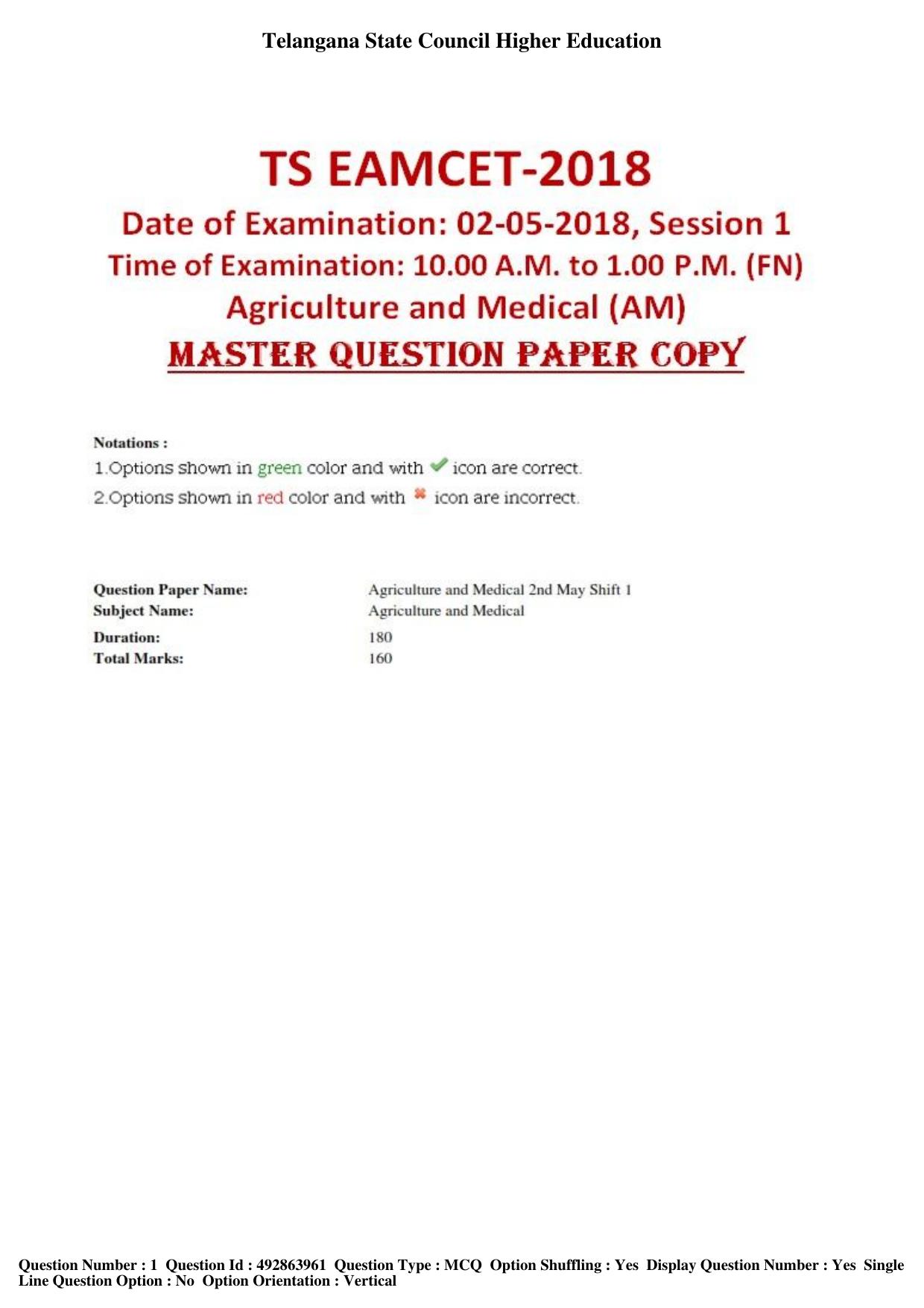 TS EAMCET 2018 Agriculture and Medical Question Paper with Key (2 May 2018 Forenoon) - Page 1