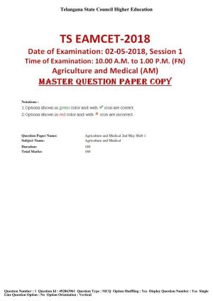 TS EAMCET 2018 Agriculture and Medical Question Paper with Key (2 May 2018 Forenoon)