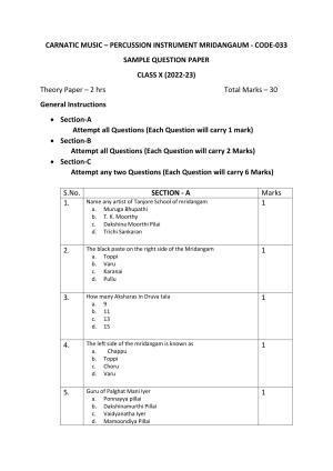 CBSE Class 10 Carnatic Music-Percussion Instruments Sample Papers 2023