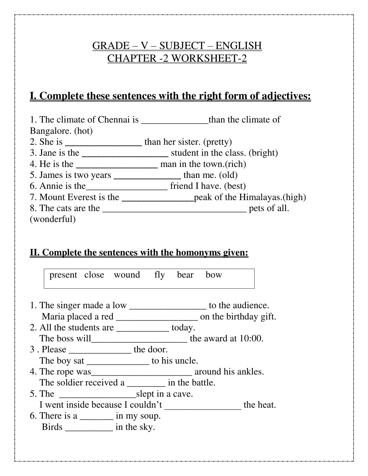 Worksheet for Class 5 English Adjectives Assignment 2 - Page 1