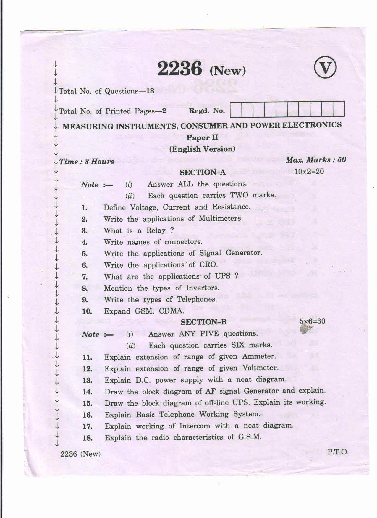 AP Inter 2nd Year Measuring Instruments Consumer Power Electronics-II (new) March-2020-Vocational Question Paper - Page 1