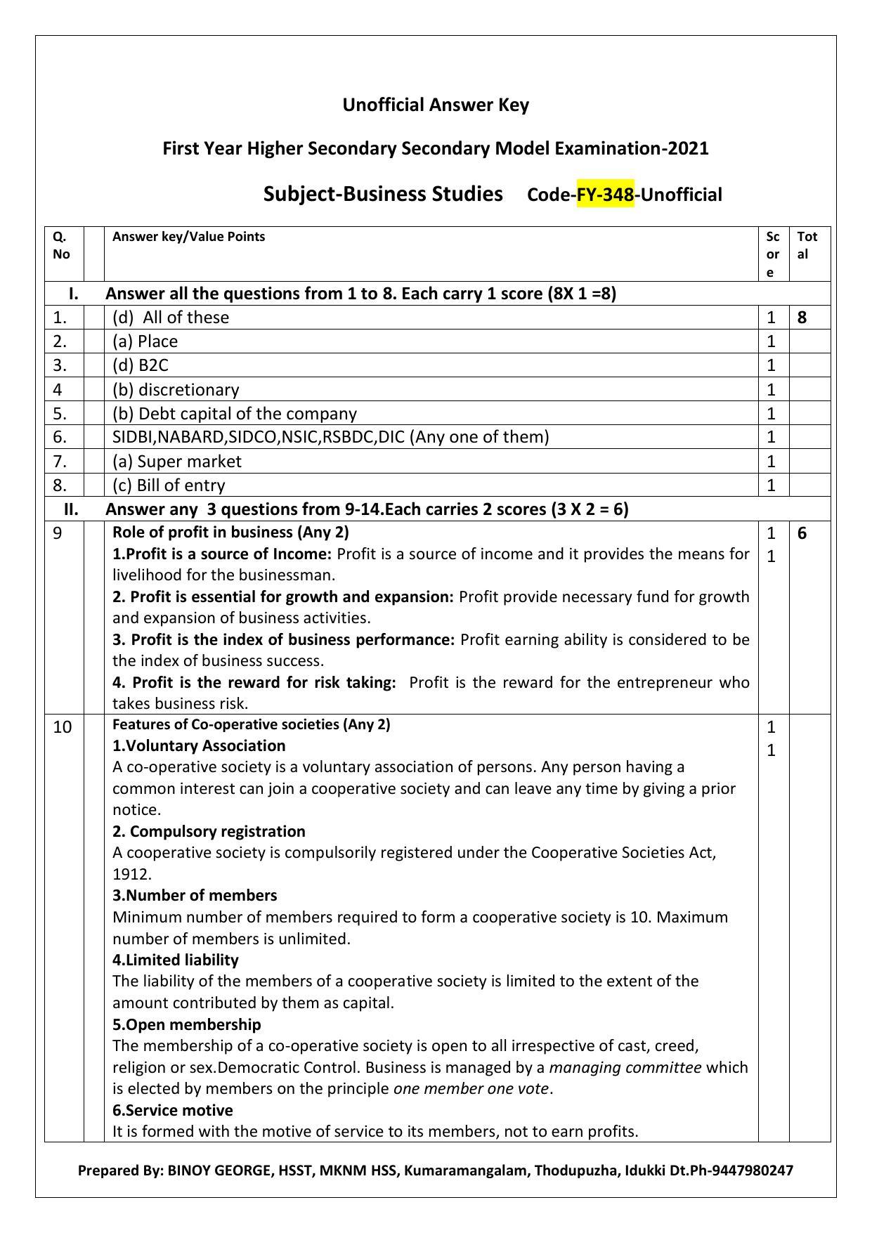 Kerala Plus One 2021 Business Studies Answer Key (Model) - Page 1
