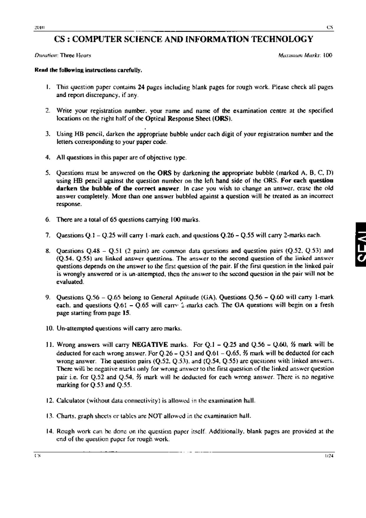 GATE 2010 Computer Science and Information Technology (CS) Question Paper with Answer Key - Page 1