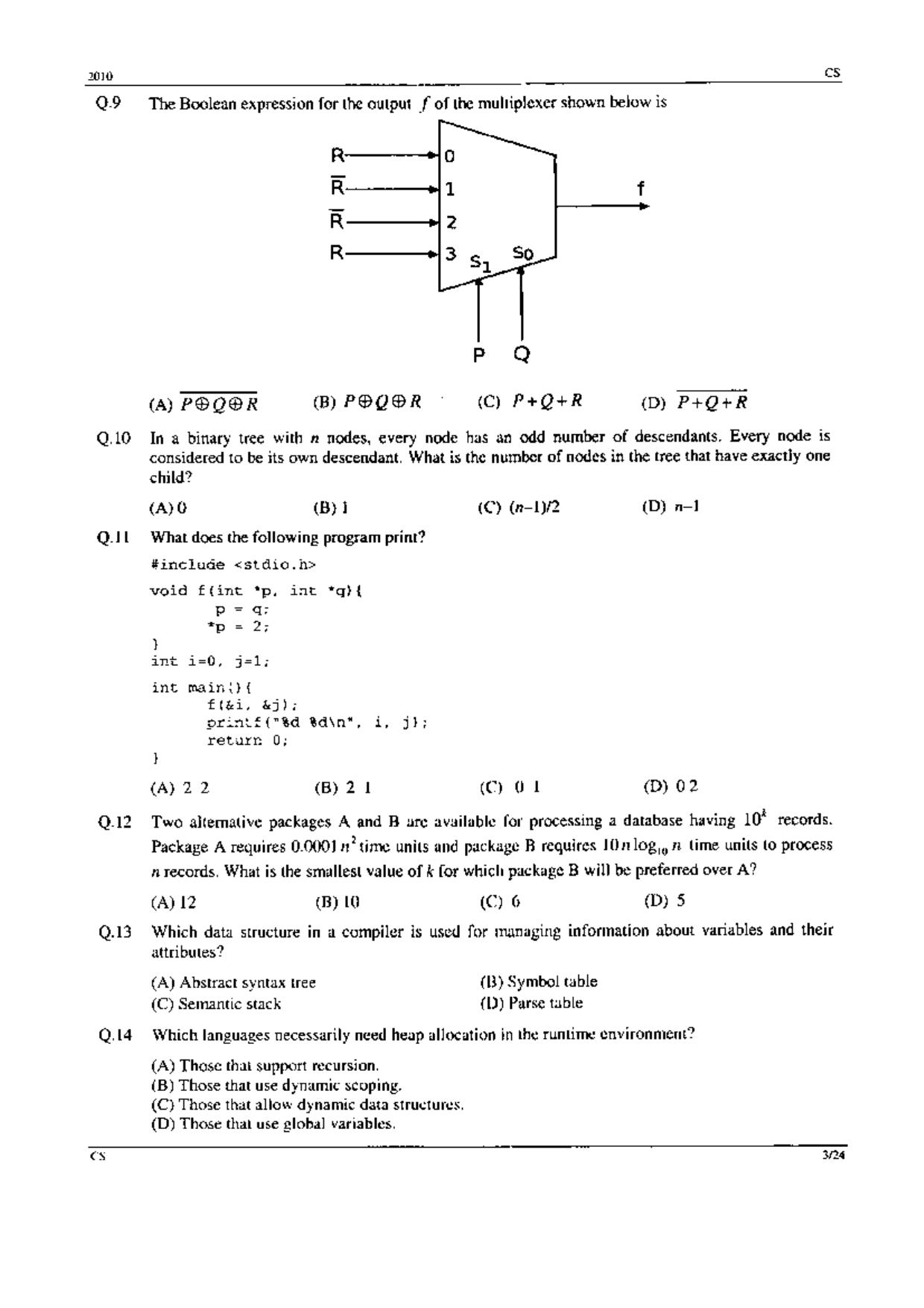 GATE 2010 Computer Science and Information Technology (CS) Question Paper with Answer Key - Page 3