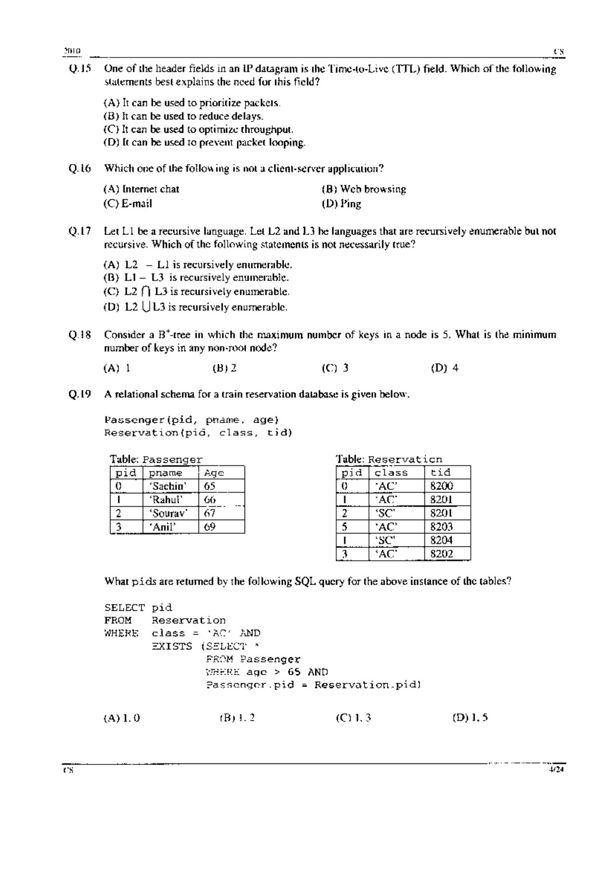 GATE 2010 Computer Science and Information Technology (CS) Question Paper with Answer Key - Page 4