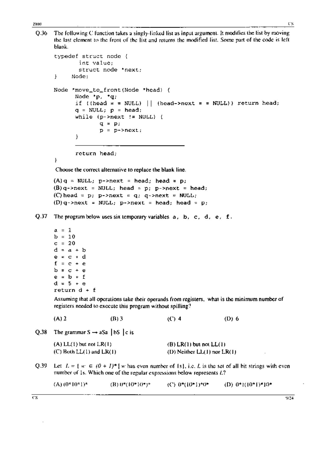 GATE 2010 Computer Science and Information Technology (CS) Question Paper with Answer Key - Page 9