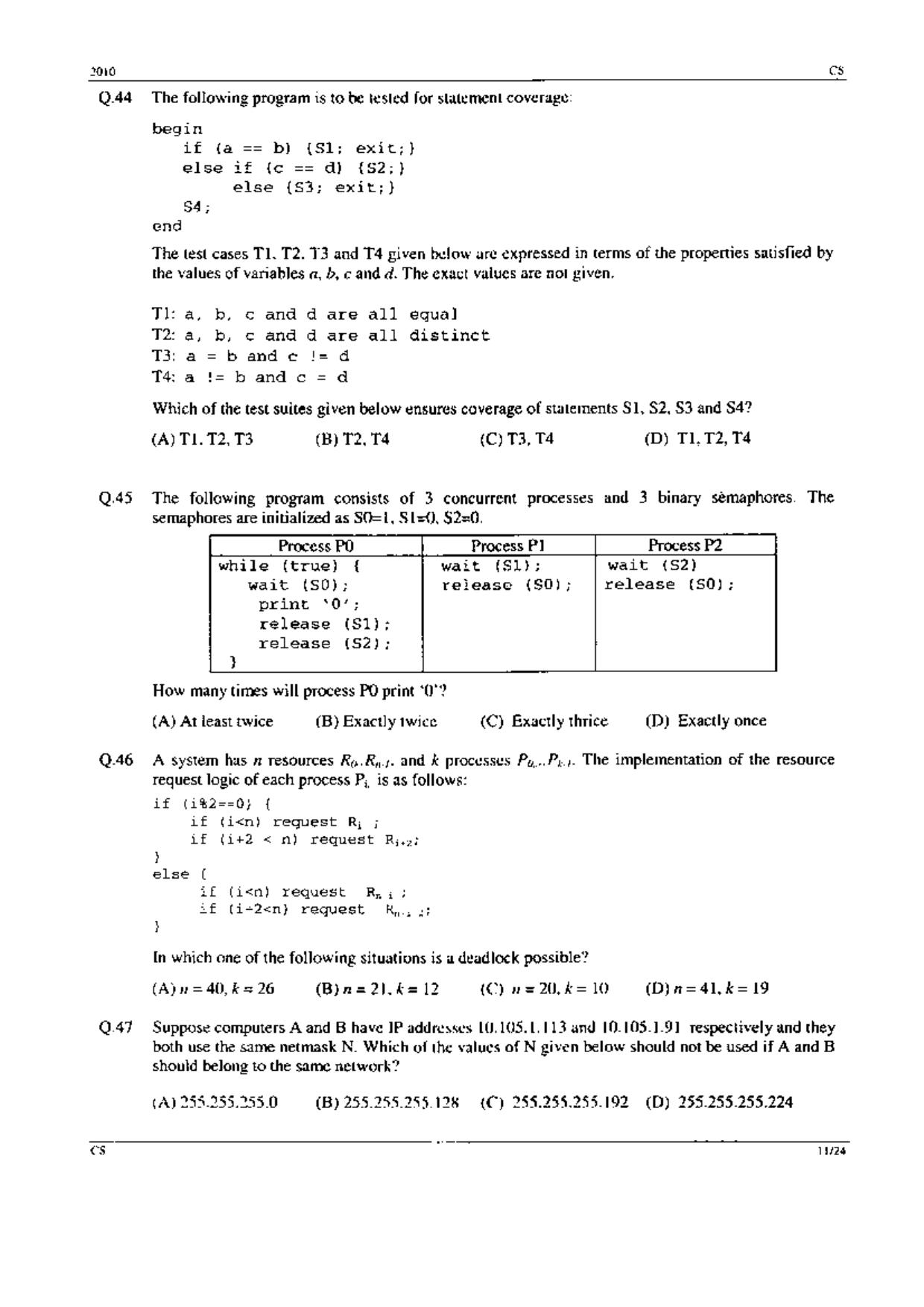 GATE 2010 Computer Science and Information Technology (CS) Question Paper with Answer Key - Page 11