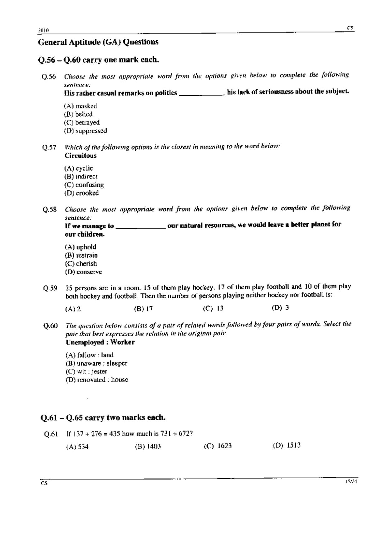 GATE 2010 Computer Science and Information Technology (CS) Question Paper with Answer Key - Page 15