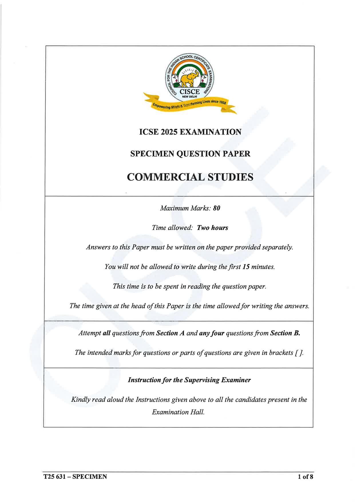 ICSE Class 10 2025 Commercial Studies (QP & MS) Specimen Paper - Page 1