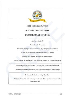 ICSE Class 10 2025 Commercial Studies (QP & MS) Specimen Paper