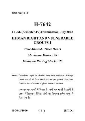 Sarguja University Question Paper - 2022 :   LL.M.(Fourth sem.) Human Rights And Vulnerable Groups-I Paper 1