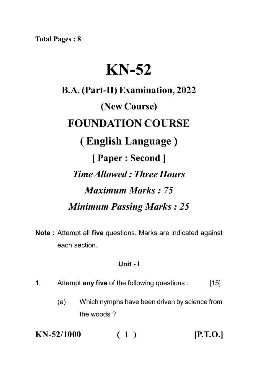 Sarguja University Question Paper - 2022 :   B.A. Part Two (10+2+3) 3 Y DC F.C. :English Language Paper I - Page 1