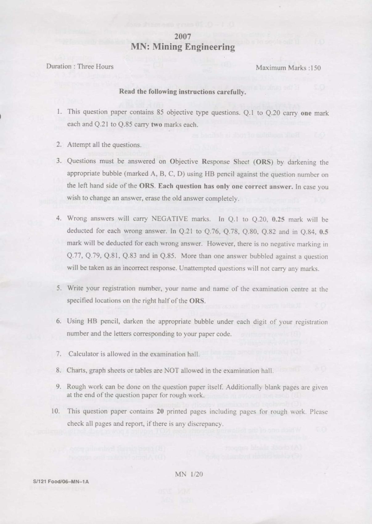 GATE 2007 Mining Engineering (MN) Question Paper with Answer Key - Page 1