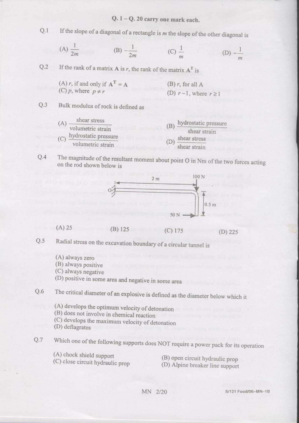 GATE 2007 Mining Engineering (MN) Question Paper with Answer Key - Page 2