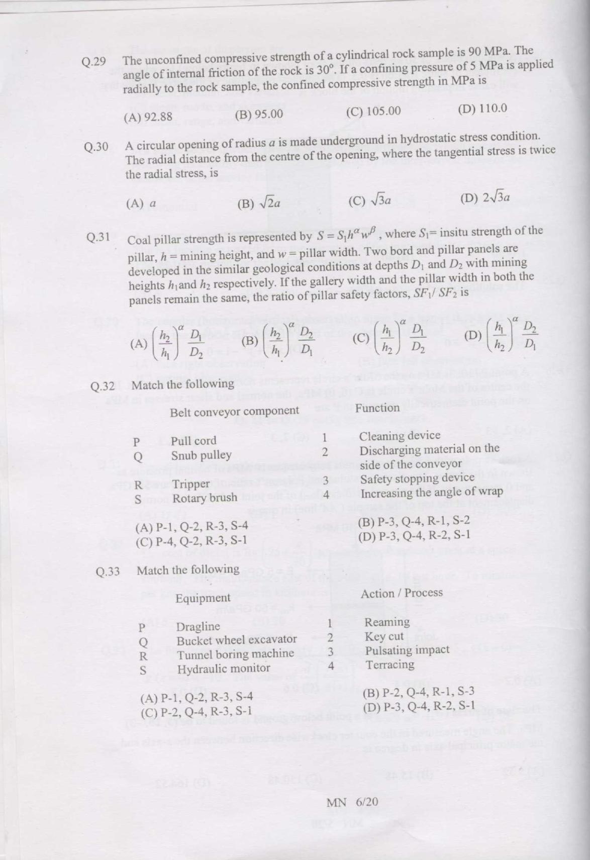 GATE 2007 Mining Engineering (MN) Question Paper with Answer Key - Page 6