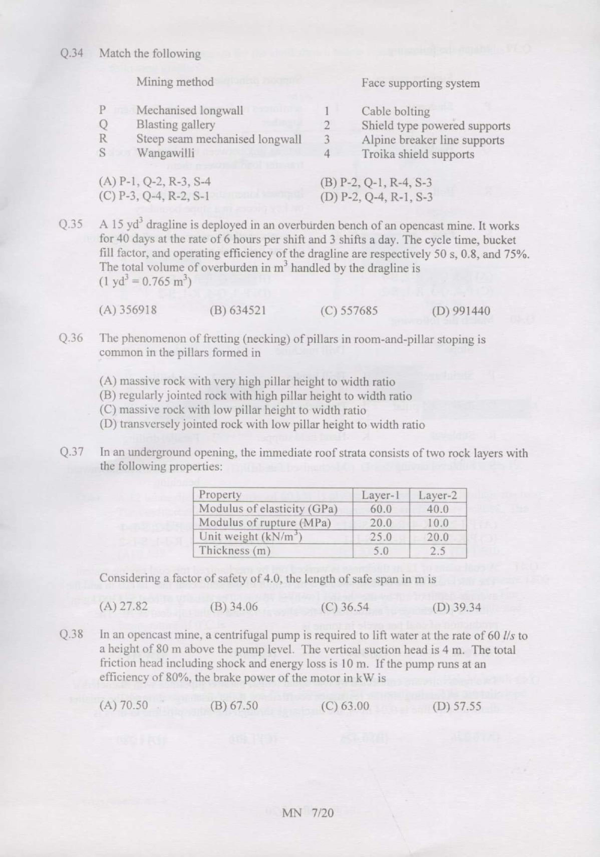 GATE 2007 Mining Engineering (MN) Question Paper with Answer Key - Page 7