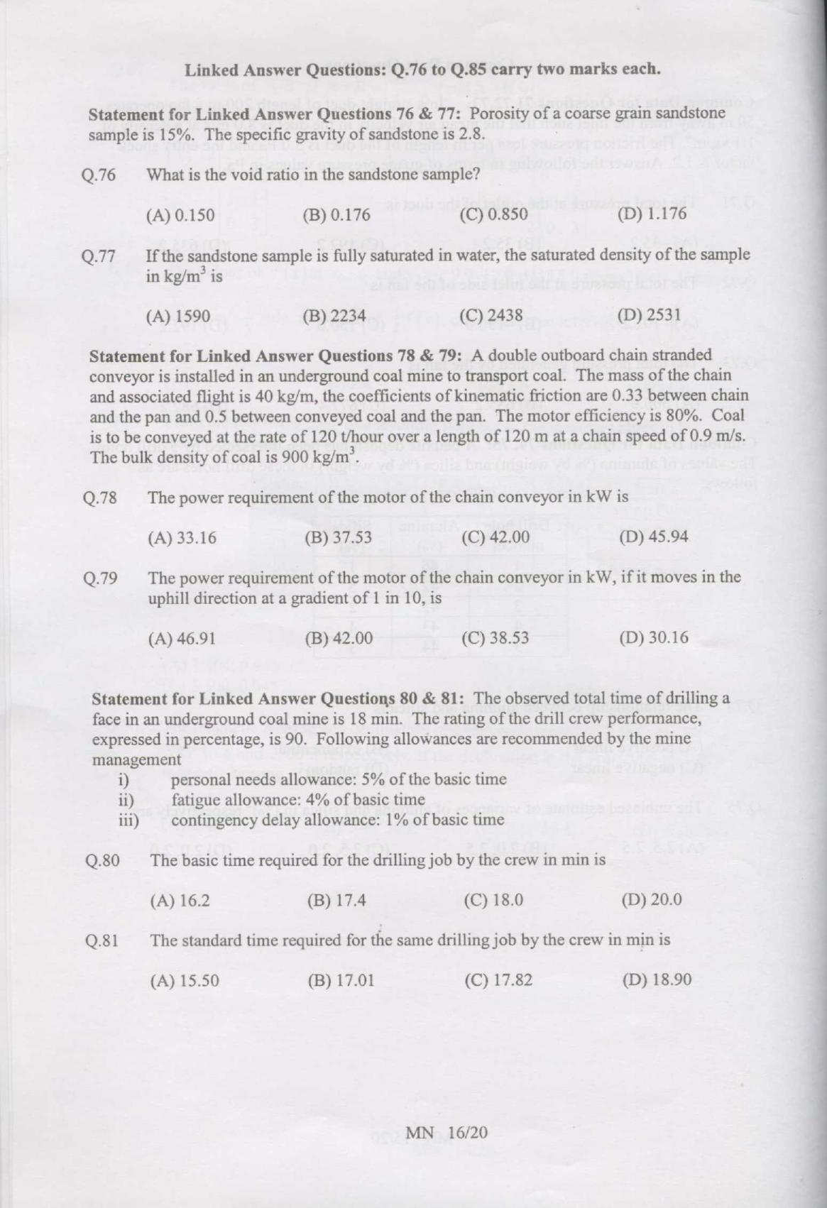GATE 2007 Mining Engineering (MN) Question Paper with Answer Key - Page 16