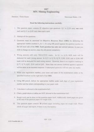 GATE 2007 Mining Engineering (MN) Question Paper with Answer Key
