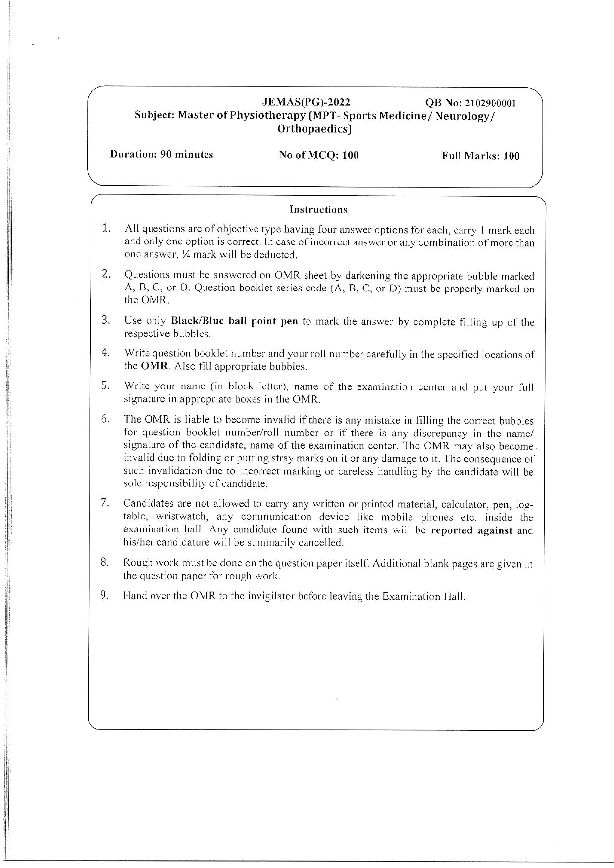 WBJEEB JEMAS (PG) 2022 MPT Question Paper - Page 1